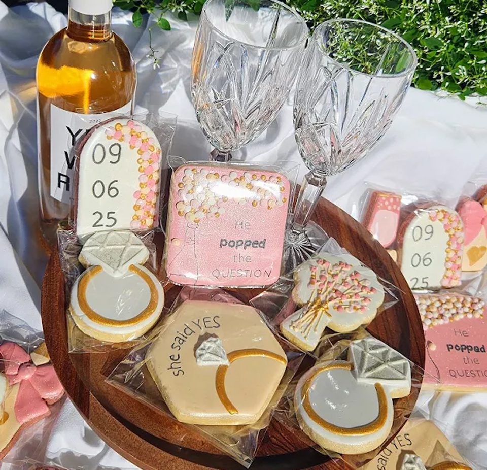 Engagement cookies and wine glasses